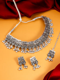 Aadita - Silver Plated Oxidised Choker Necklace Jewellery (Set of 3)