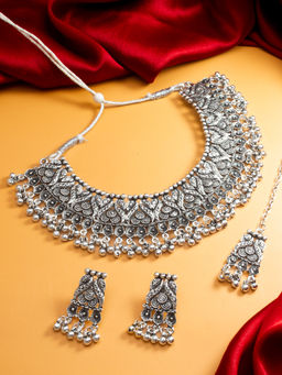 Aadita - Silver Plated Oxidised Choker Necklace Jewellery (Set of 3)