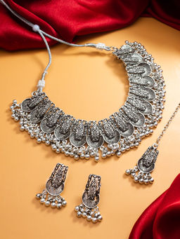 Aadita - Silver Plated Oxidised Choker Necklace Jewellery (Set of 3)