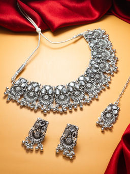 Aadita - Silver Plated Oxidised Choker Necklace Jewellery (Set of 3)