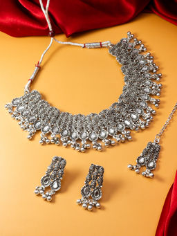 Aadita - Silver Plated Oxidised Choker Necklace Jewellery (Set of 3)