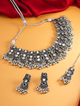 Aadita - Silver Plated Oxidised Choker Necklace Jewellery (Set of 3)