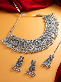 Aadita - Silver Plated Oxidised Choker Necklace Jewellery (Set of 3)