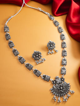 Aadita - Silver Plated Oxidised Choker Necklace Jewellery (Set of 2)