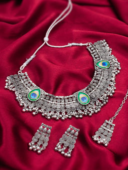 Aadita - Silver Plated Oxidised Choker Necklace Jewellery (Set of 3)