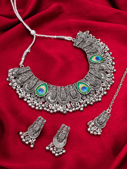 Aadita - Silver Plated Oxidised Choker Necklace Jewellery (Set of 3)