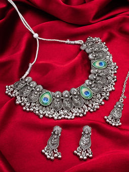 Aadita - Silver Plated Oxidised Choker Necklace Jewellery (Set of 3)