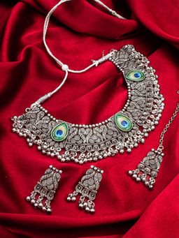 Aadita - Silver Plated Oxidised Choker Necklace Jewellery (Set of 3)