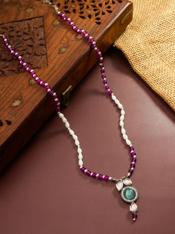 Aadita - Multi-Color Silver Toned Oxidised Plated Kundan Mala Necklace