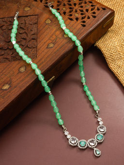 Aadita - Green Silver Toned Oxidised Plated Mala Necklace