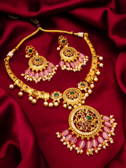 Aadita - Multi-Color Gold Toned Plated Pearl Kundan Necklace Choker Jewellery (Set of 2)