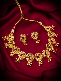 Aadita - Green Gold Toned Plated Pearl Choker Necklace Jewellery (Set of 2)