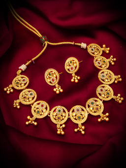 Aadita - Red & Green Gold Toned Plated Choker Necklace Jewellery (Set of 2)