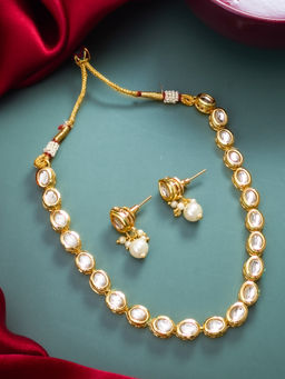 Aadita - White Gold Toned Plated Pearl Kundan Necklace Jewellery (Set of 2)