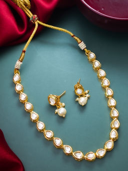 Aadita - White Gold Toned Plated Pearl Kundan Necklace Jewellery (Set of 2)