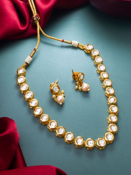 Aadita - White Gold Toned Plated Pearl Kundan Necklace Jewellery (Set of 2)