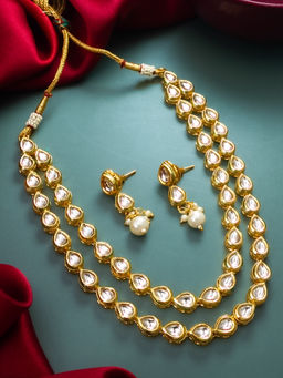 Aadita - Multi-Color Gold Toned Plated Pearl Kundan Necklace Jewellery (Set of 2)