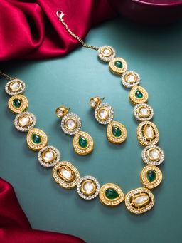 Aadita - Green Gold Toned Plated Stone Kundan Necklace Choker Jewellery (Set of 2)