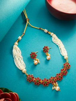 Aadita - Red Gold Toned Plated Pearl Stone Choker Necklace Jewellery (Set of 2)