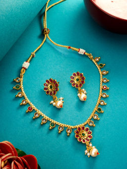 Aadita - Multi-Color Gold Toned Plated Pearl Choker Necklace Jewellery (Set of 2)