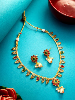 Aadita - Multi-Color Gold Toned Plated Pearl Stone Choker Necklace Jewellery (Set of 2)