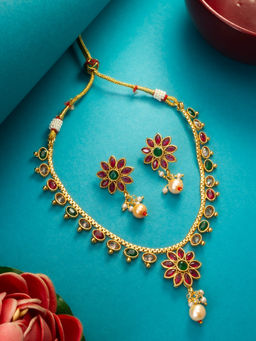 Aadita - Multi-Color Gold Toned Plated Pearl Stones Choker Necklace Jewellery (Set of 2)