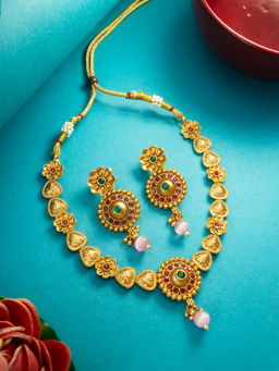 Aadita - Multi-Color Gold Toned Plated Pearl Stone Choker Necklace Jewellery (Set of 2)