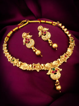 Aadita - Red 18K Gold Plated Toned Ruby Bridal Necklace Jewellery (Set of 2)