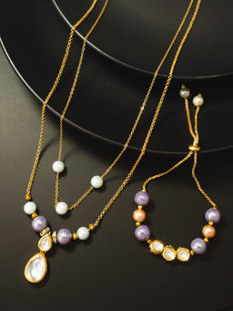 Aadita - Multi-Color Gold Plated Kundan Pearl Beaded Jewellery (Set of 2)