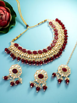 Aadita - Red Gold Toned Plated Kundan Pearl Choker Jewellery (Set of 3)