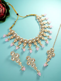 Aadita - Pink Gold Toned Plated Kundan Pearl Choker Jewellery (Set of 3)