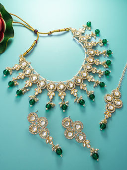 Aadita - Green Gold Toned Plated Kundan Pearl Choker Jewellery (Set of 3)