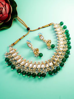 Aadita - Green Gold Toned Plated Kundan Pearl Choker Jewellery (Set of 2)