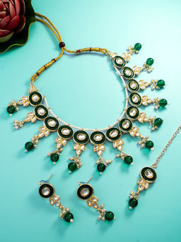 Aadita - Green Gold Toned Plated Kundan Pearl Choker Jewellery (Set of 3)