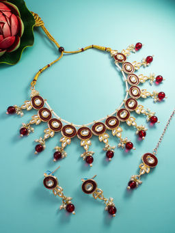 Aadita - Red Gold Toned Plated Kundan Pearl Choker Jewellery (Set of 3)