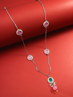 Aadita - Pink Silver Plated Stones Studded Pearl Chain Necklace