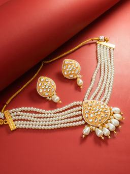 Aadita - White Gold Plated Kundan Studded Pearls Beaded Jewellery (Set of 2)