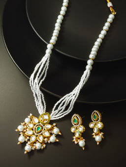 Aadita - White Gold Plated Kundan Studded Beaded Jewellery (Set of 2)