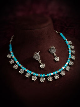 Aadita - Blue Floral Designed Choker Necklace with Earrings (Set of 2)