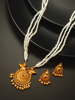 Aadita - Red Gold Plated Stone Studded Pearl Beaded Temple Jewellery (Set of 2)