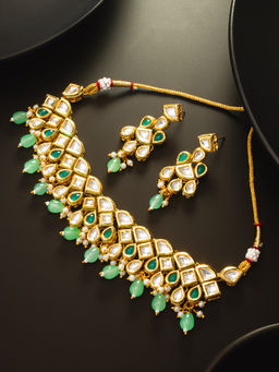Aadita - Green Traditional Antique Gold Plated Pearl Choker Jewellery (Set of 2)