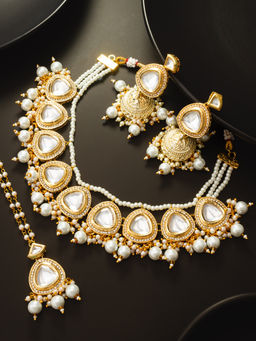 Aadita - White Traditional Antique Stylish Fancy Gold Plated Kundan Pearl Jewellery (Set of 3)