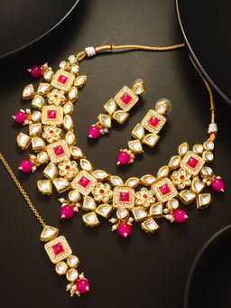 Aadita - Pink Traditional Antique Gold Plated Pearl Choker Jewellery (Set of 3)