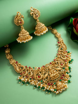 Aadita - Multi-Color 18K Gold Plated Temple Goddess Laxmi Stone Jewellery (Set of 2)