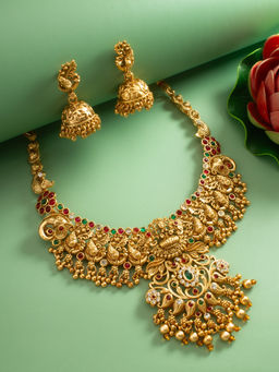 Aadita - Multi-Color Temple Jewellery 18K Gold Plated Goddess Laxmi Jewellery (Set of 2)