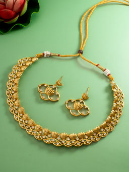 Aadita - White Temple Jewellery 18K Gold Plated Goddess Laxmi Pearl Jewellery (Set of 2)