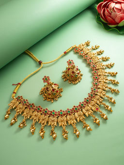 Aadita - Multi-Color Temple Jewellery 18K Gold Plated Goddess Laxmi Pearl Jewellery (Set of 2)