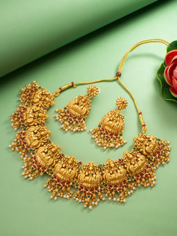 Aadita - Multi-Color Temple 18K Gold Plated Goddess Laxmi Pearl Jewellery (Set of 2)