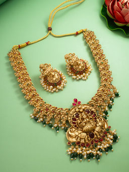 Aadita - Multi-Color Temple Jewellery 18K Gold Plated Goddess Laxmi Pearl Jewellery (Set of 2)