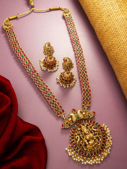 Aadita - Multi-Color Traditional Antique Gold Plated Temple Jewellery (Set of 2)